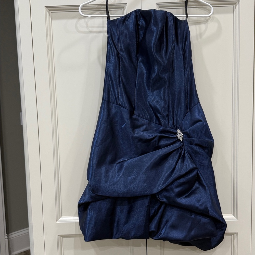 Jessica McClintock for Gunne Sax Satin Blue Strapless Bubble Mini Dress Sz 3 Y2K
